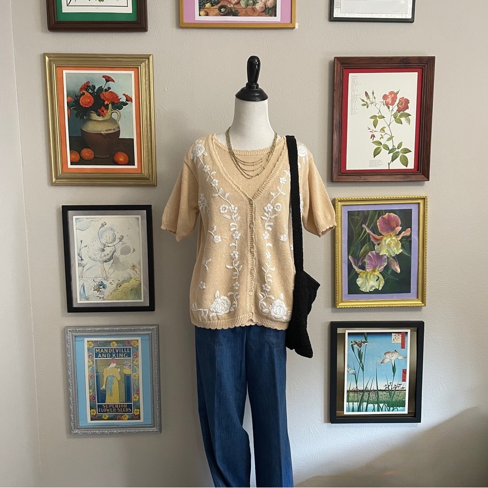 Vintage Beige Embroidered V-Neck Short Sleeve Top
